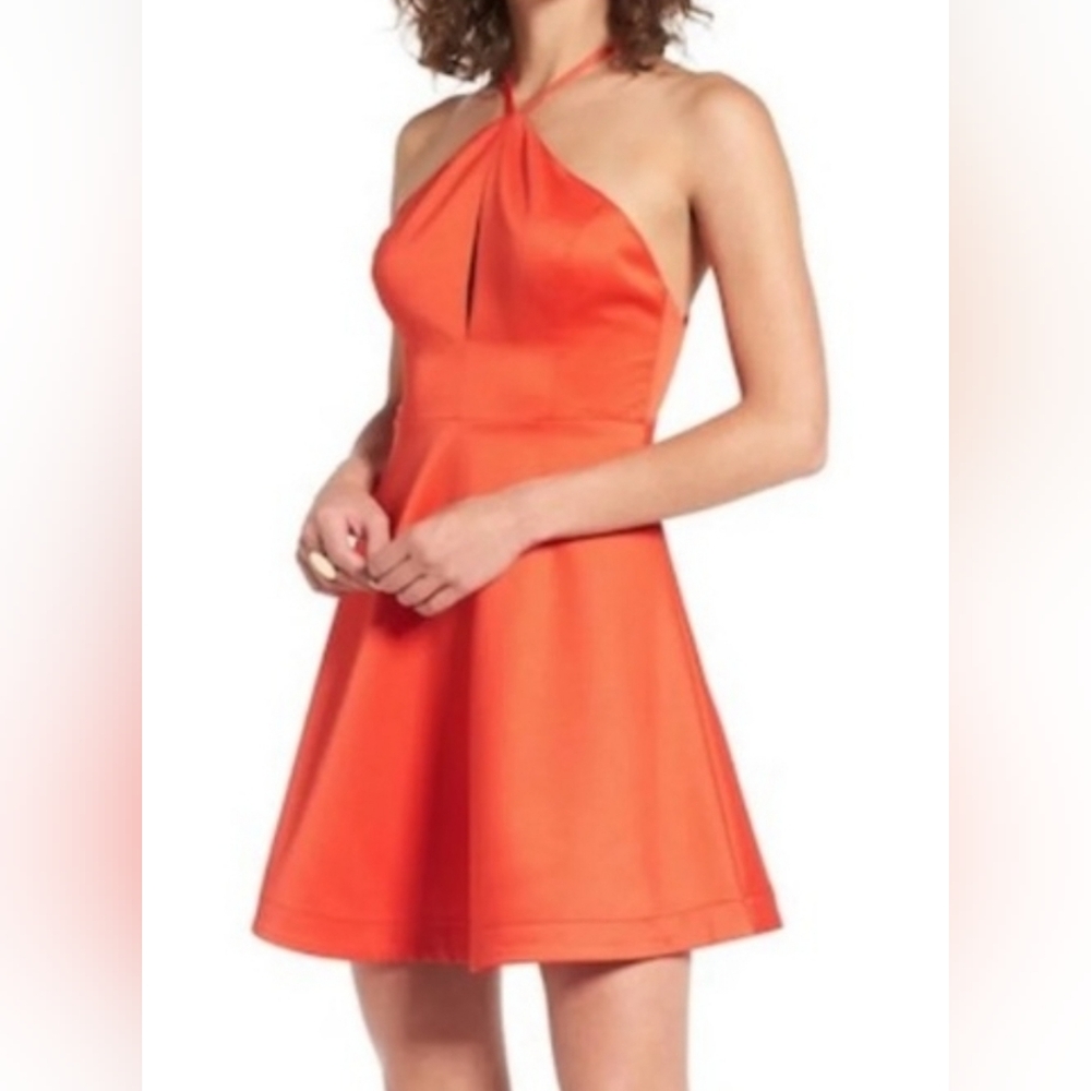 LUSH Orange Dress Size L Cocktail Party Fun Flare Halter Neck Straped Mini‎